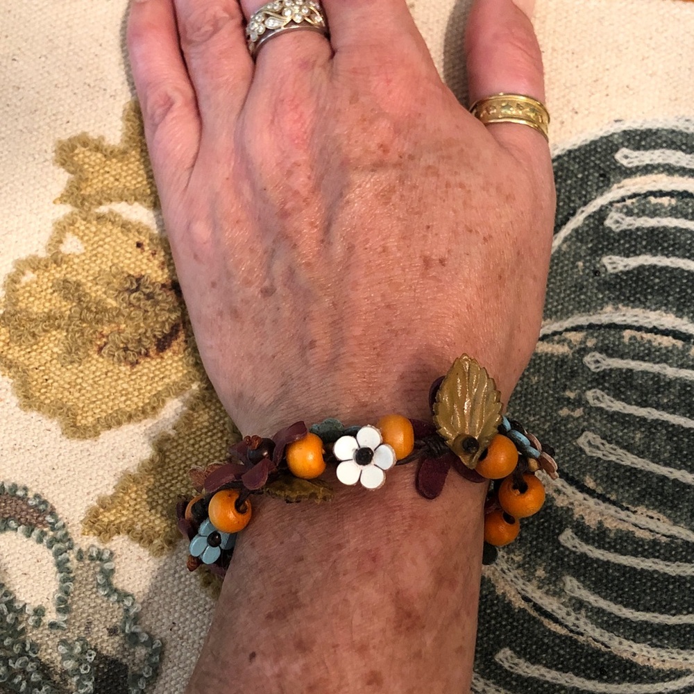 Floral Leather and Wood Bracelet with Orange and White Accents